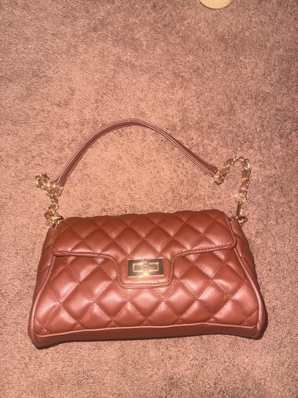 Fashion Nova Quilted Brown Shoulder Bag with Gold Hardware